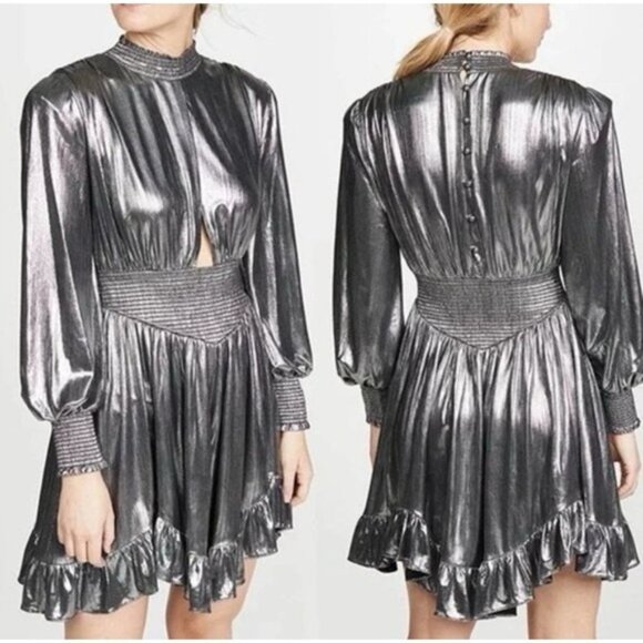 NWOT Retrofete Melody‎ Long Sleeve Mini Dress Gunmetal Silver SMALL Cutout Assym - Picture 2 of 11